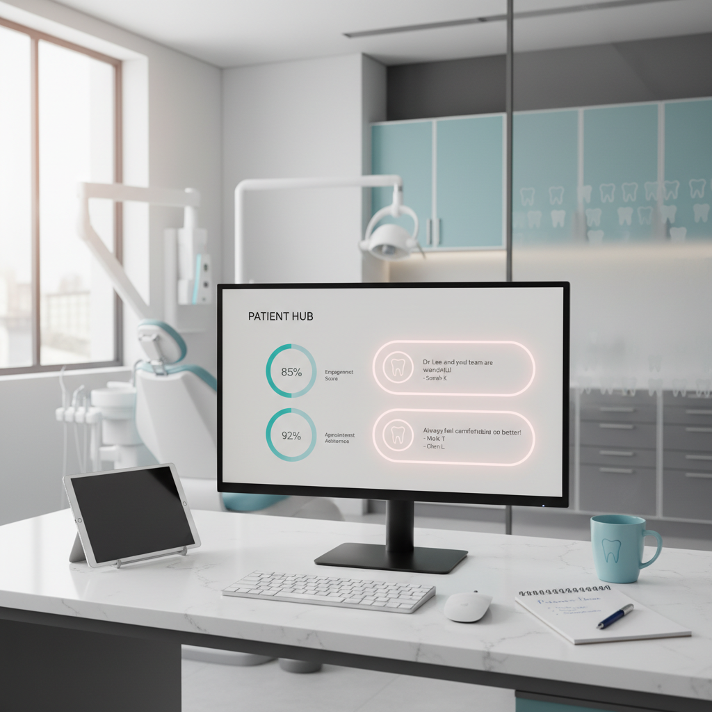 Modern dental workspace with computer, tablet, notepad, coffee mug, and clinical background.