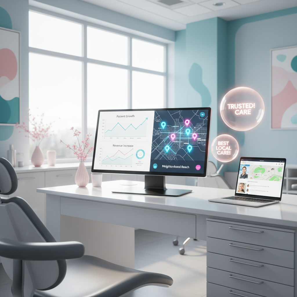 Modern dental workspace with dashboard, growth charts, map markers, and trust elements in a clinical setting.