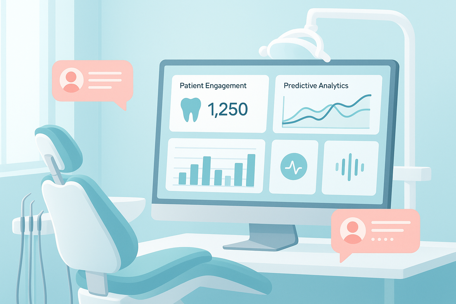 Modern dental workspace with digital dashboard, speech bubbles, and calming color palette.