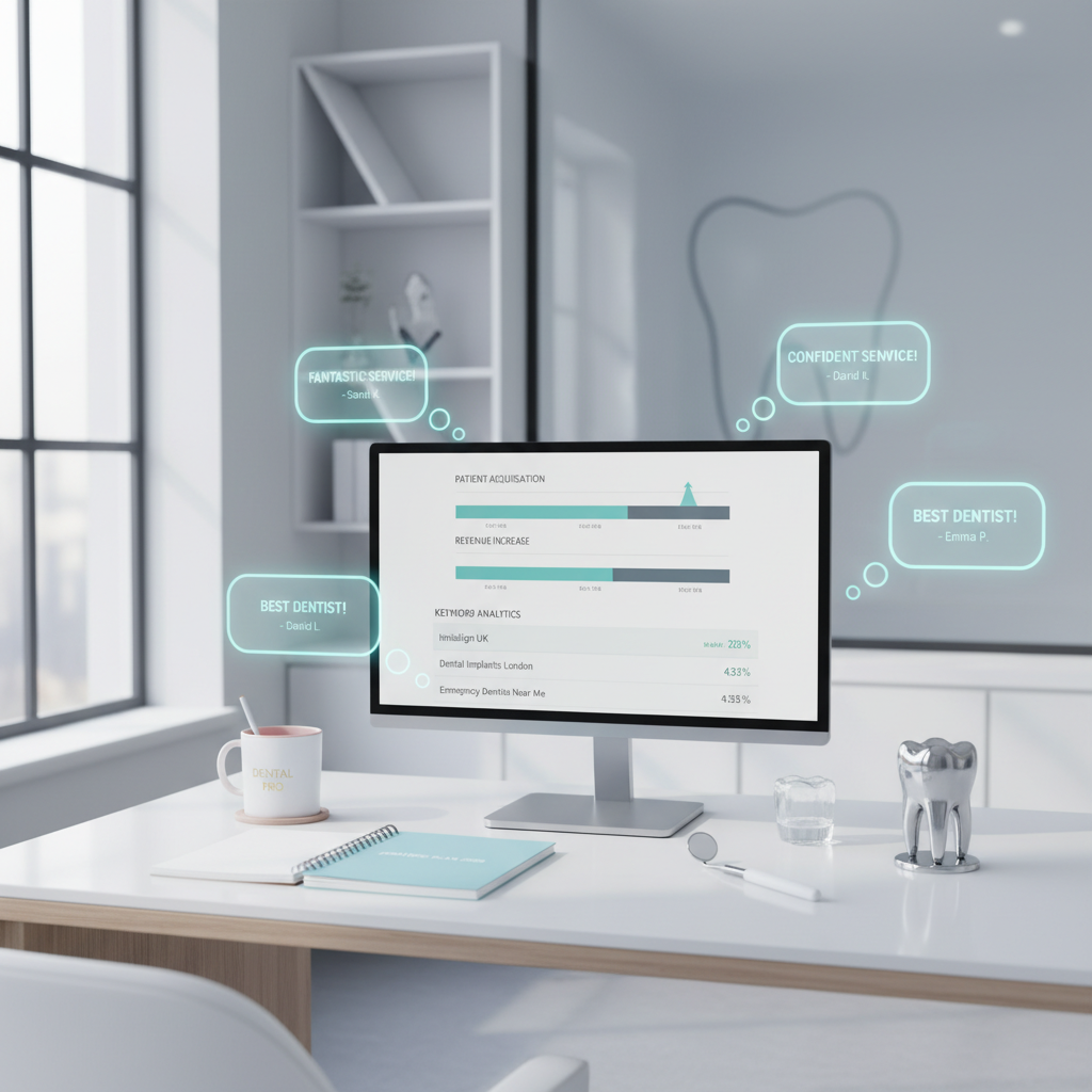 Modern dental workspace with digital dashboard, testimonial bubbles, and dental tools in bright clinic setting.