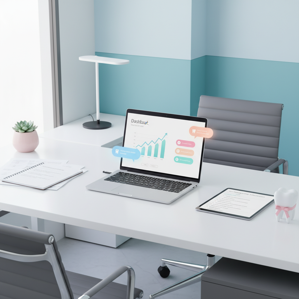 Modern dental workspace with laptop, notes, planner, and tablet in bright, clinical tones.