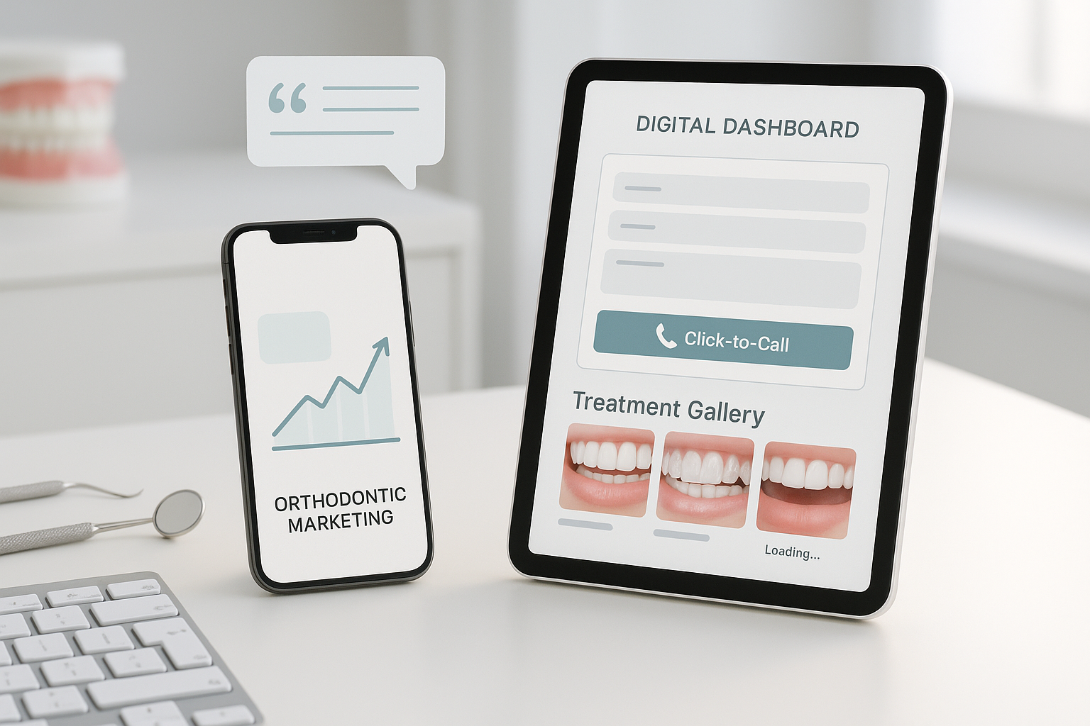 Modern dental workspace with smartphone, tablet, keyboard, digital dashboard, and growth charts.
