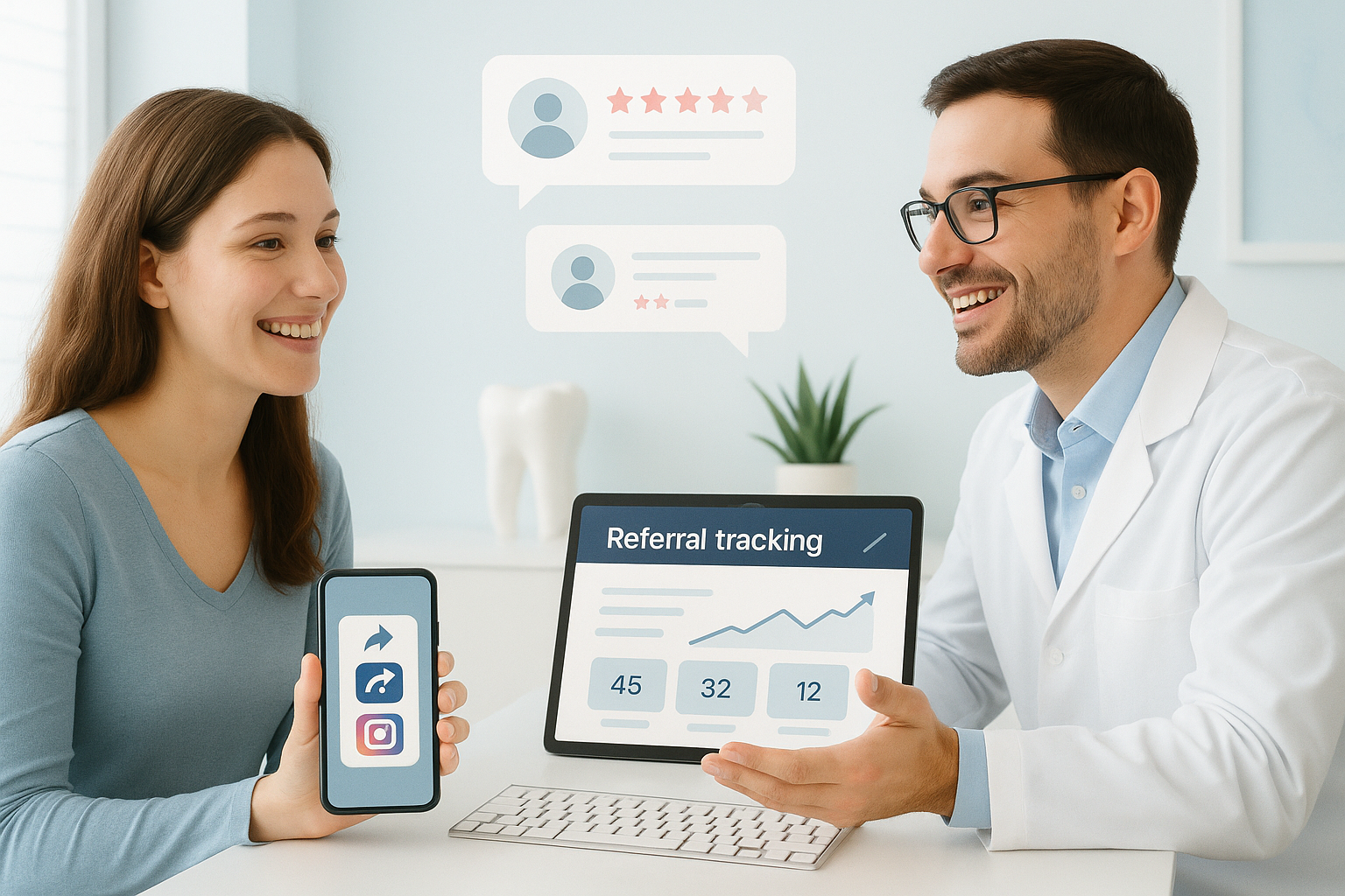 Orthodontist and patient discuss digital dashboard and social media sharing in bright consultation room.
