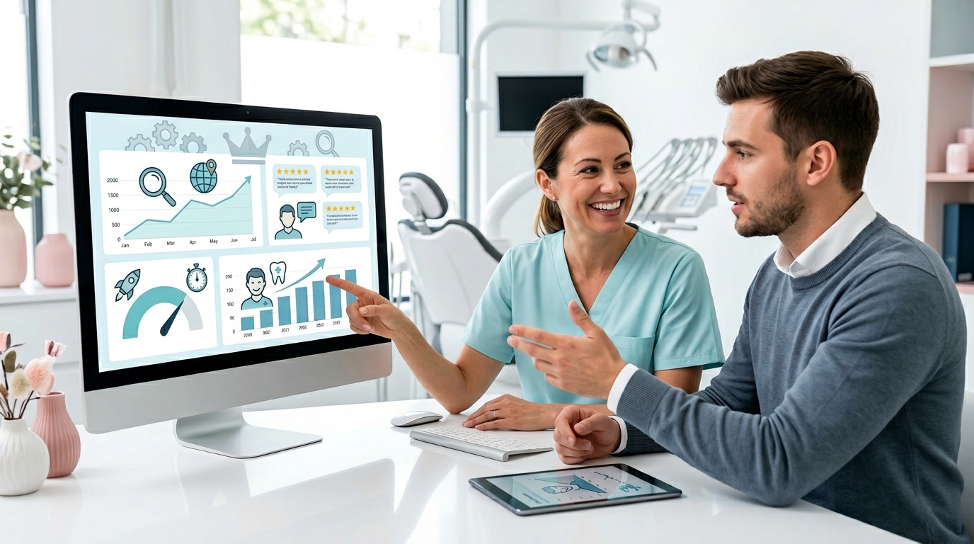 Diagram comparing webmaster and web developer responsibilities for dental clinic website SEO performance